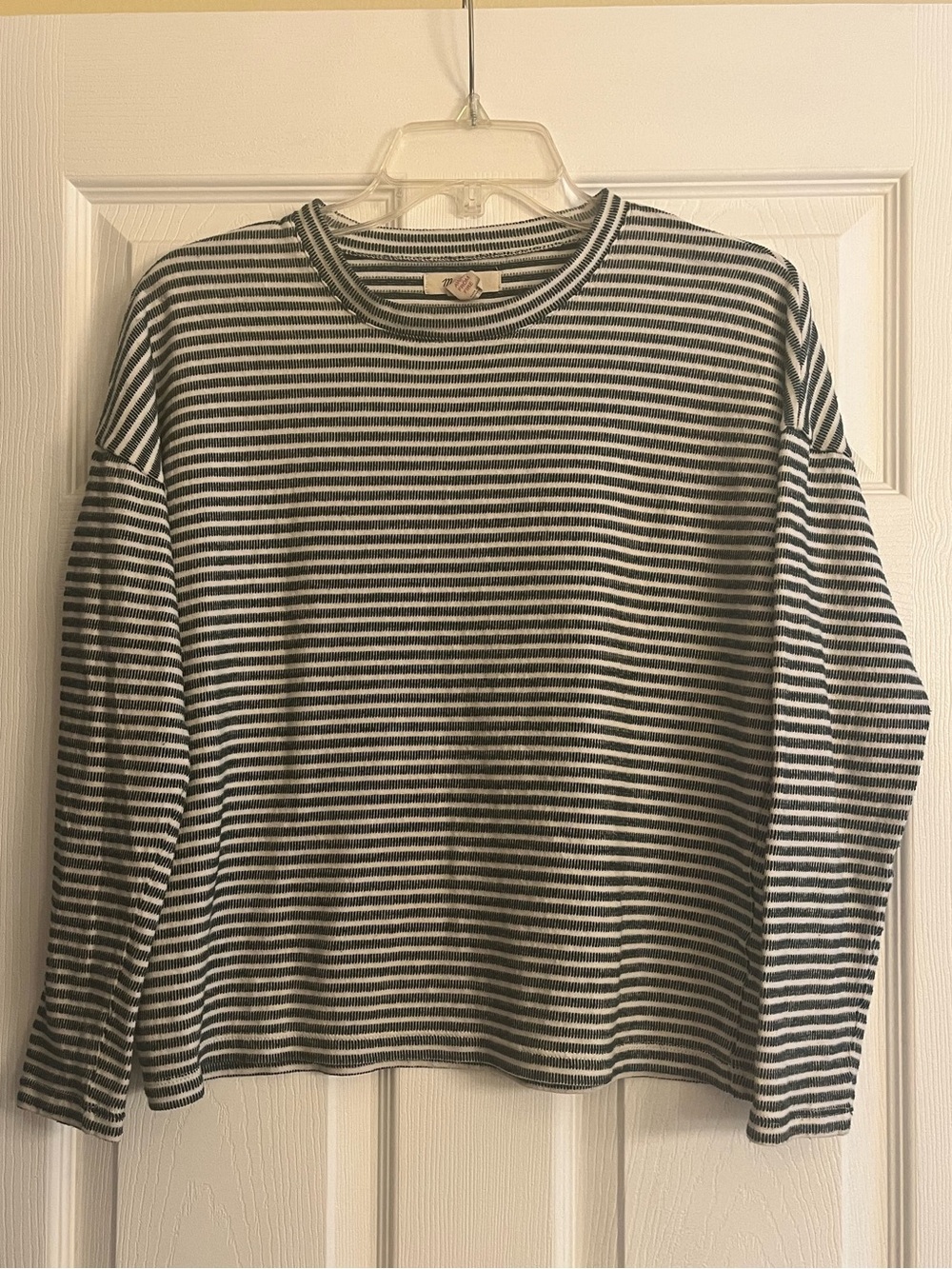 Madewell Green & White Long Sleeve Striped Crewneck Top